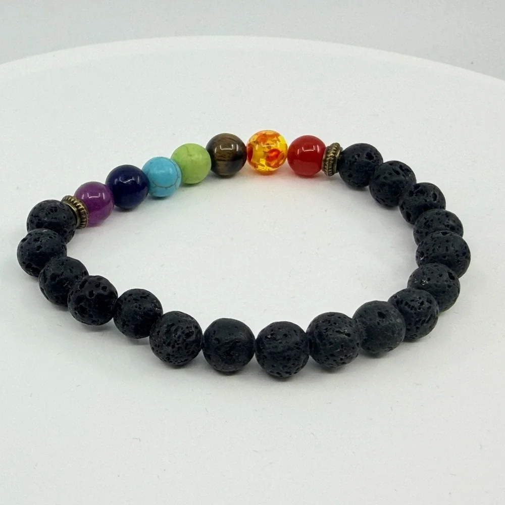 Vintage Modern Chakra Lava Rock Beaded Stretch Bracelet - Healing Stones
